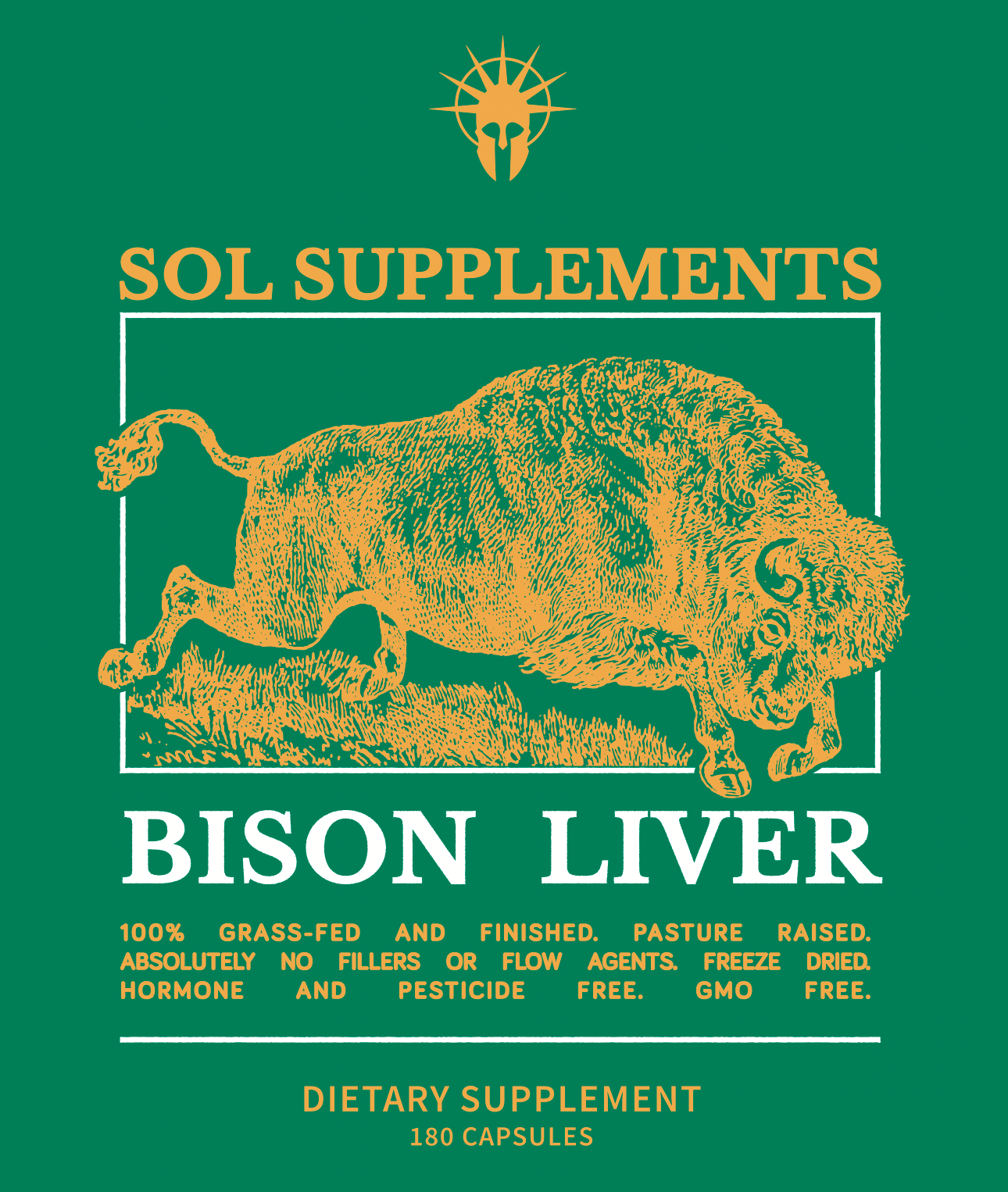 logo of golden charging bison for sol supplements grass fed bison liver capsules package