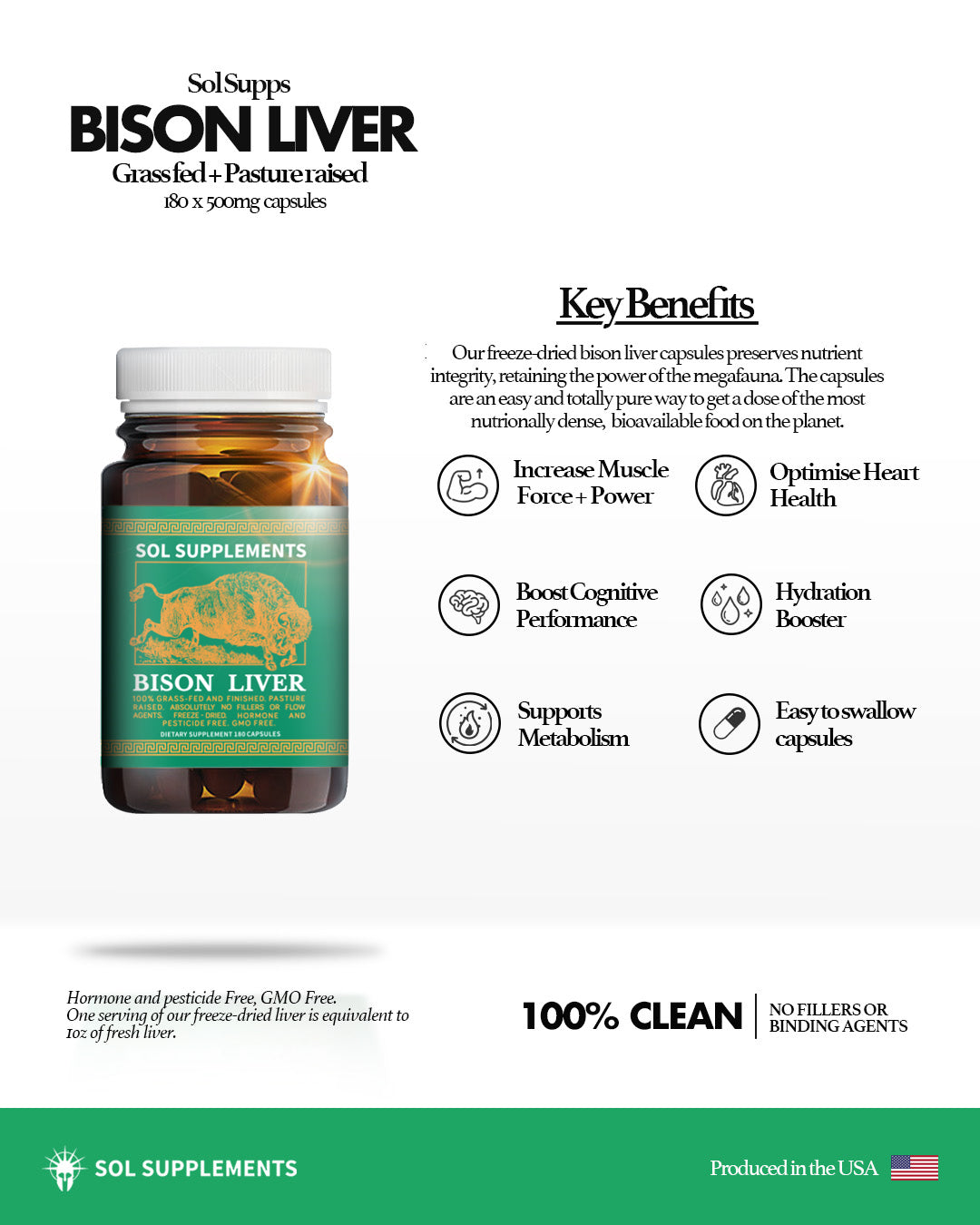 100% Grass Fed + Finished, Pasture Raised, Freeze-Dried Bison Liver Capsules